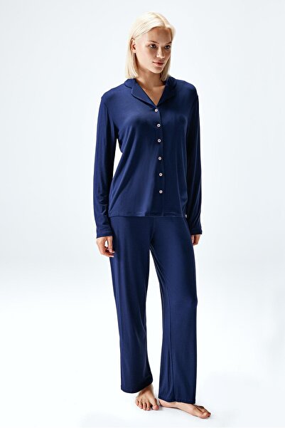 Brix Γυναικείο Σετ Πιτζάμες με Κουμπιά Βισκόζης Σκούρο Μπλε Χρώμα
