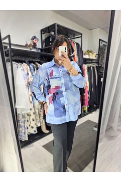 Ayşen Butik Büyük Beden Şifon Taşlı Desenli Gömlek