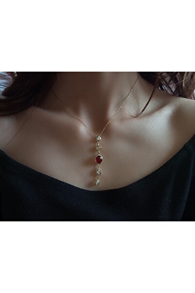 steanles stel Bordo Taşlı Gold Çelik Y Kolye