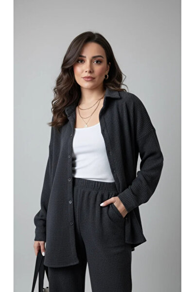 bysoca Γυναικείο πουκάμισο με μαύρα κουμπιά και παντελόνι με φαρδύ πόδι με ελ...