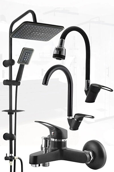 Tegin Yapı Market Teginyapımarket Robot Siyah Spiralli Tepe Yağmurlama Duş Seti Mutfak Banyo Lavabo Batarya Musluk Set