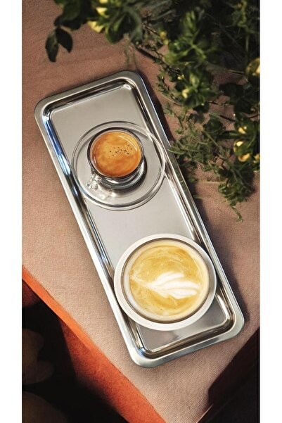 Frolde 2li Çelik Lüks Servis Sunum Tepsisi Kahve Tepsisi Gümüş 33x13