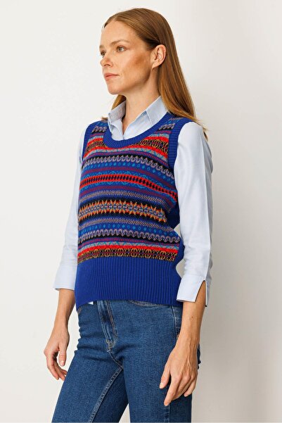 Desen Triko Жіночий светр з нульовим коміром, з жакардовим візерунком, з вовни, K.S. Синій