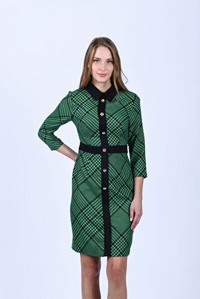 la luce Yeşil Ekose Desen Gömlek Elbise - LE188