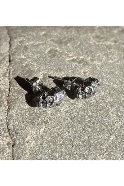 Viking White Zircon Skull Design Nail Model S+ Quality 316L Stainless&Non-Tarnish Steel Earrings Pair