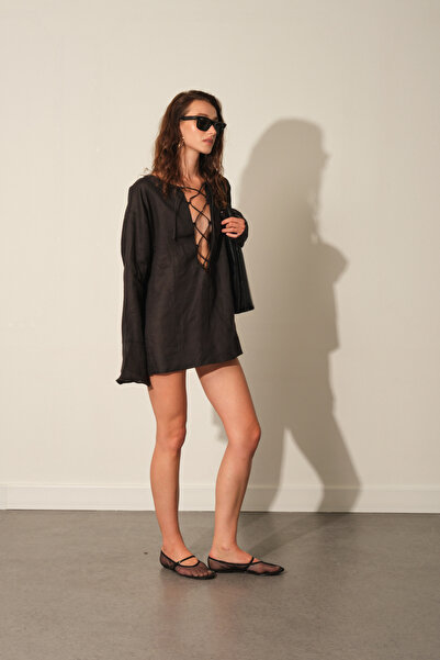 Beyyoglu %100 Keten Bağlamalı Oversize Bluz