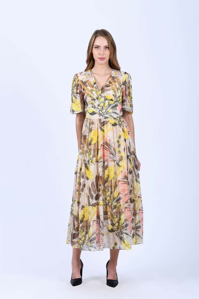 la luce Sarı V Yaka Tropikal Desen Midi Elbise - LE565