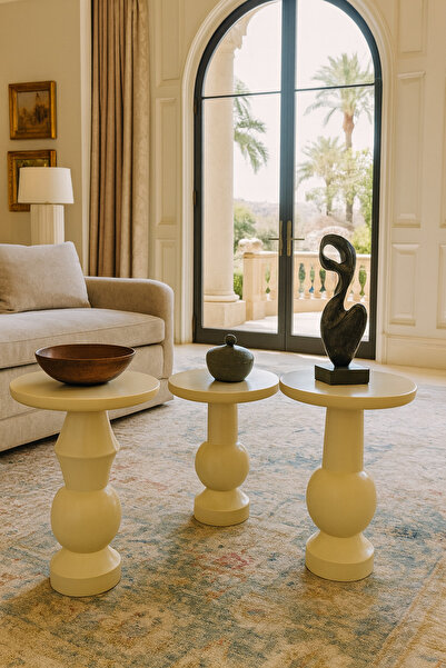 Simillo Home&Living Ahşap Mantar Sehpa 3’lü Set – Krem Renk Doğal Zigon ve Fi...