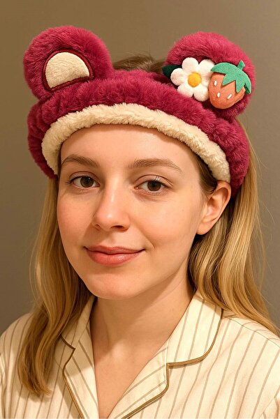 TAKIŞTIR Bandă de păr de pluș cu detaliu pentru ureche, cu figuri de căpșuni și flori de culoare fucsia