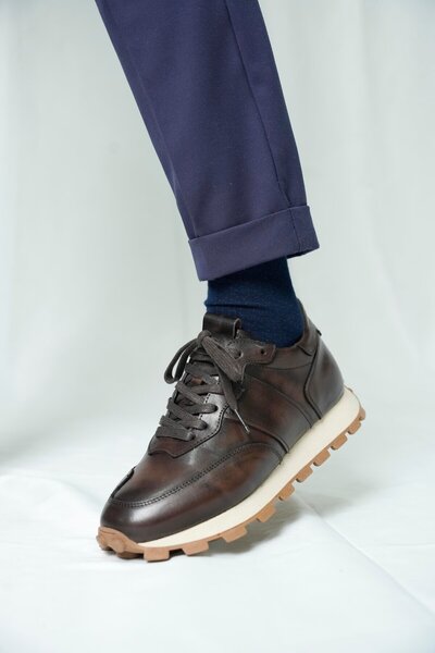 TETRİ Dustin Model Hakiki Deri El Yapımı Kahverengi Sneaker Ayakkabı