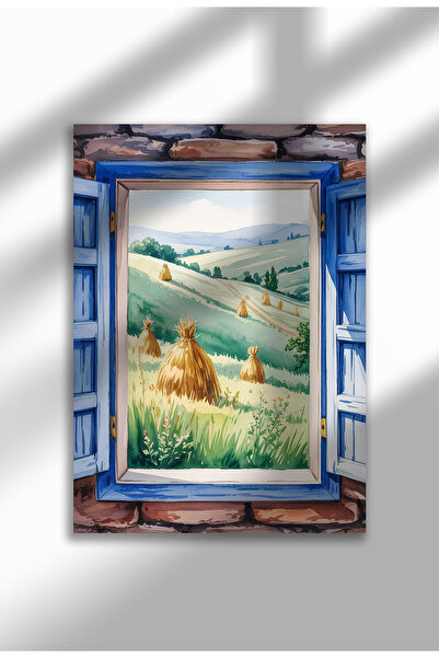 21mxm Poster pânză pentru fereastră fără ramă - Imprimeu digital în stil acuarelă - Vedere a căpițelor de fân 2
