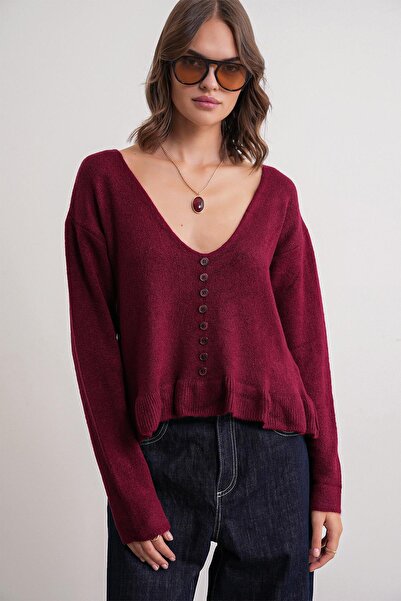 Mixray 6954 women's ruffle detailed v-neck knit sweater burgundy