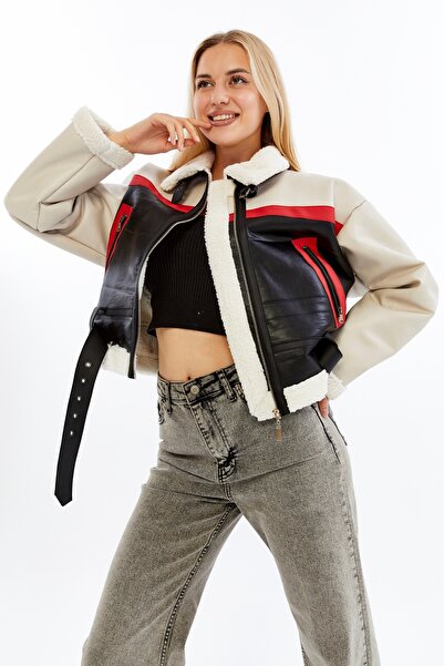 CHOS7N Kadın Siyah Crop Mont Kürklü Tokalı Fermuarlı Streetwear Trend