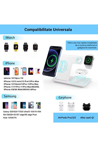 OEM Încărcător wireless 3 în 1, încărcare rapidă de 15W pentru telefon, căști și ceas inteligent — Negru