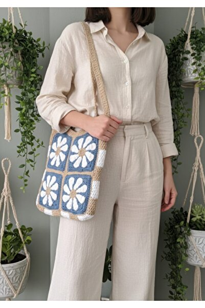 EHF LifeStyle RETRO MAVI ÇİÇEK EL ÖRGÜSÜ MOTİF OMUZ ÇANTA