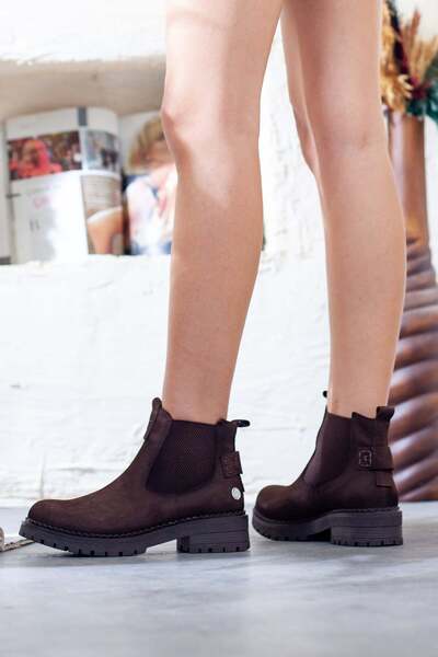 Adım Adım Mammamia Genuine Leather Non-Slip Sole Women's Casual Boots with Elastic Sides