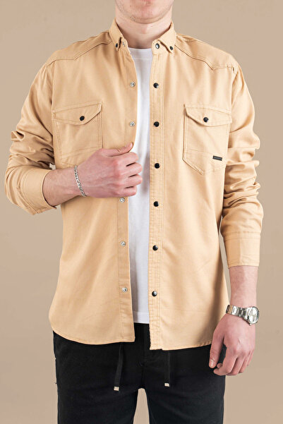 bombe Men's Beige Slim Fit Denim Shirt