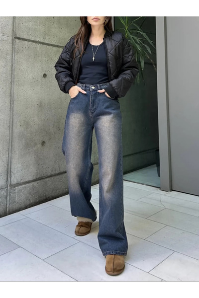 8line Ρετρό φαρδύ τζιν με λεπτομέρεια χρωματικής επεξεργασίας σε σκούρο καφέ