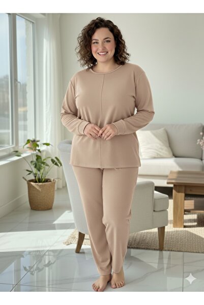 FAMESTEKSTİL Women's Beige Tracksuit Set