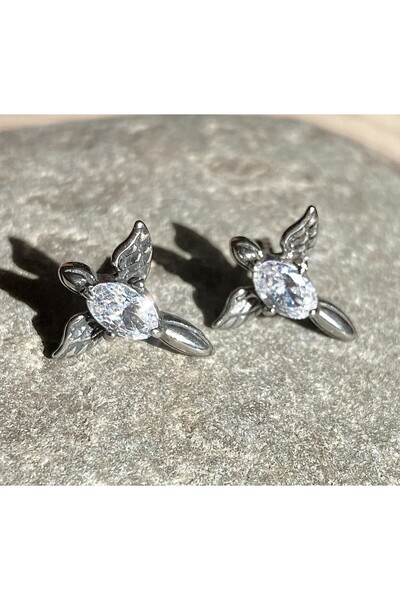 Viking Wing Design White Zircon Stone Nail Model S+ Quality 316L Stainless Tarnish-Free Steel Earrings Pair