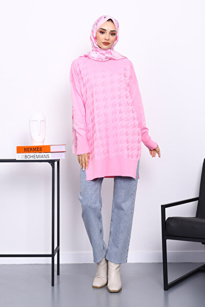 İmajButik Pink Houndstooth Patterned Cold Yarn Knitwear Tunic