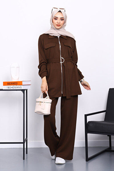 İmajButik Brown Pocketed Waist Belted Modal Suit