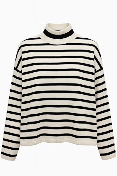 Mixray 6802 Women's Striped Turtleneck Knit Sweater Natural