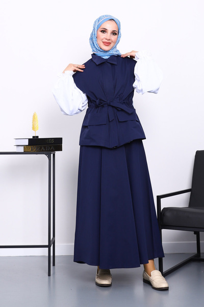 İmajButik Navy Blue Pocket Vest and Skirt Bondit Set