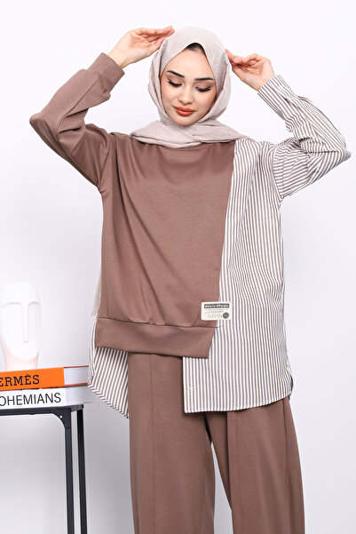 İmajButik Mink Paneled Tunic Striped Suit with Trousers