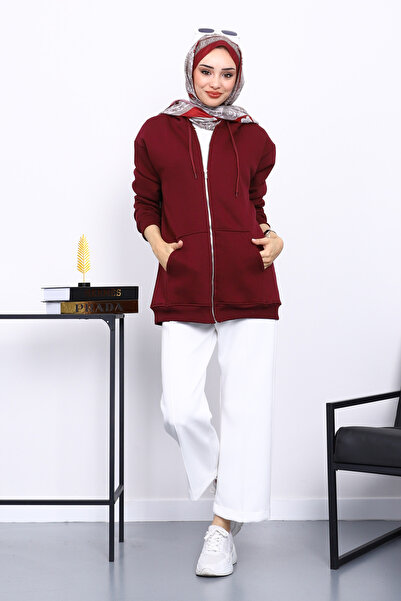 İmajButik Ζακέτα με φερμουάρ και τρεις κλωστές με τσέπες επένδυση fleece