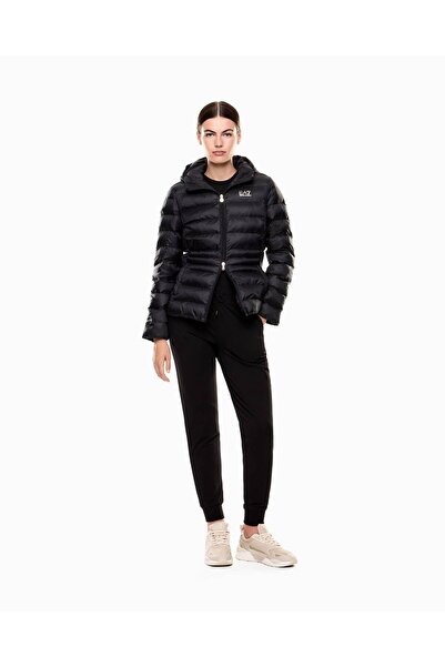 EA7 Men's Hooded Collar Long Sleeve Zippered Black Coat 7W000684 Af12475-Uc001