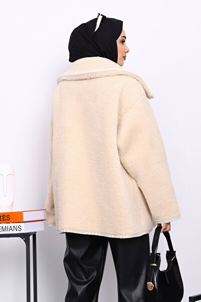 İmajButik Μπεζ παλτό από βελούδινη γούνα με λεπτομέρεια με κορδόνια και τσέπες