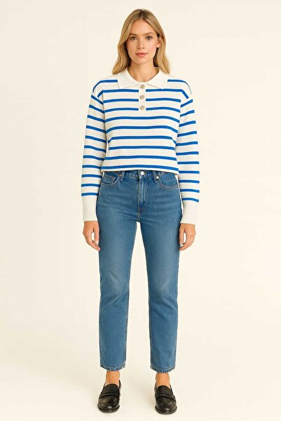 gigigiyim Polo Yaka Düğmeli Çizgili Kadın Kazak