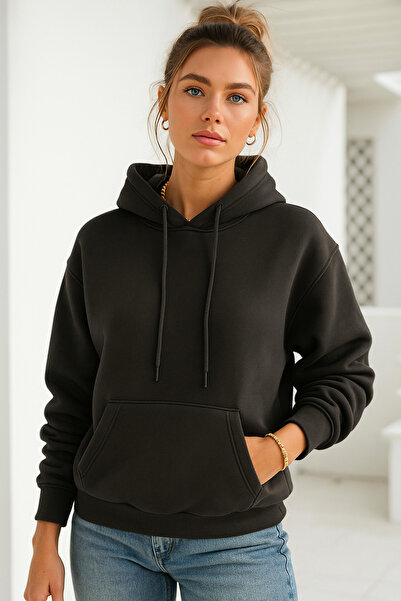 Rich Γυναικείο φούτερ Scuba με κουκούλα με τσέπες ανθρακί καγκουρό