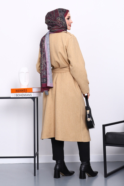 İmajButik Παλτό με κασκόλ και ζώνη από βιζόν διπλό πέτο