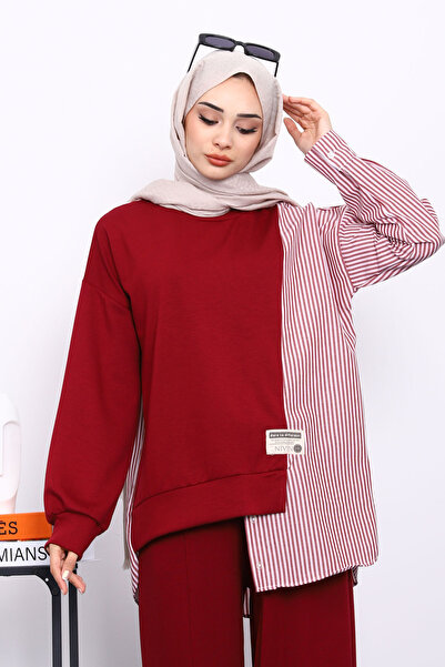 İmajButik Bordo Paneled Tunic Striped Suit with Trousers