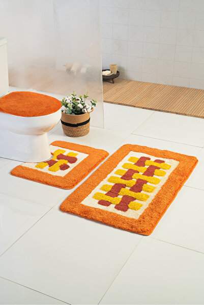 Moda Dekor Akrilik Simli Hasırline Turuncu 60x100-60x50-50x50cm 3'lü|Yıkanabi...