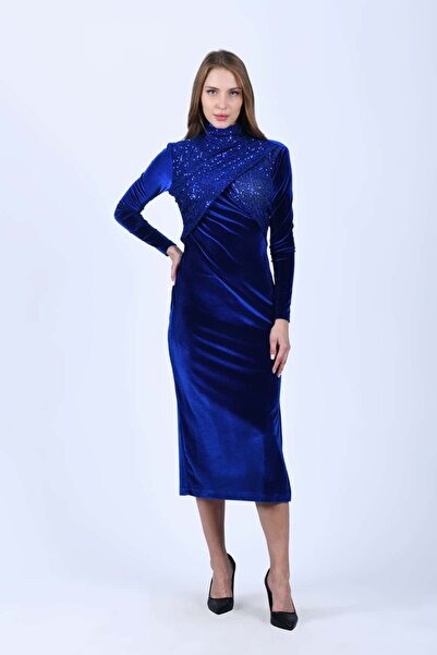 la luce Sax Pul Detaylı Midi Kadife Elbise - QE208