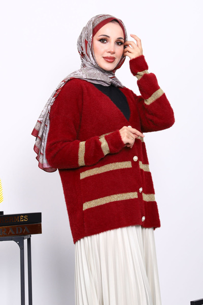 İmajButik Burgundy V-Neck Angora Soft Cardigan
