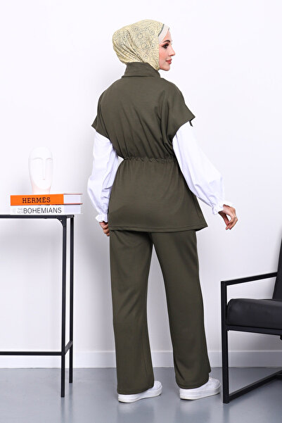 İmajButik Khaki Zippered Vest and Pants Modal Set