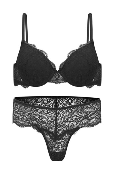 Wonna Anna 2735 Lace Low-Cut Padded Push-Up Bra and Panty Set - Black