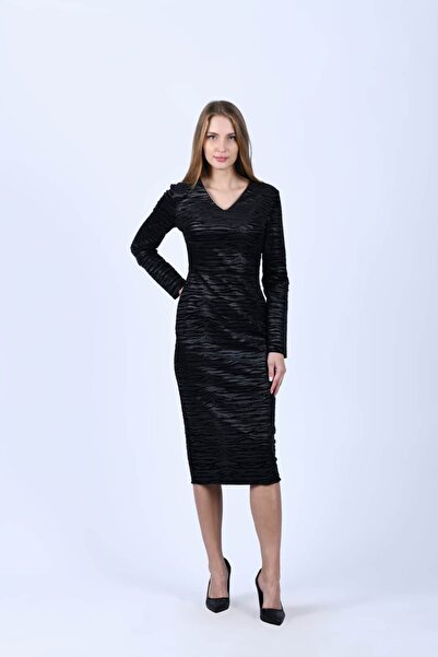 la luce Siyah Desenli V Yaka Midi Elbise - QE329