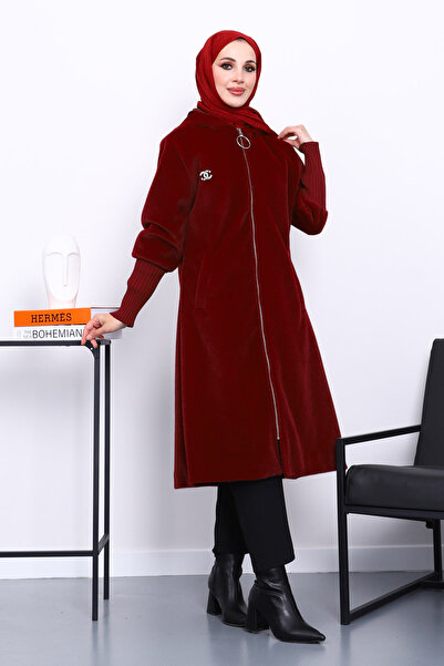 İmajButik Burgundy Hooded Angora Coat