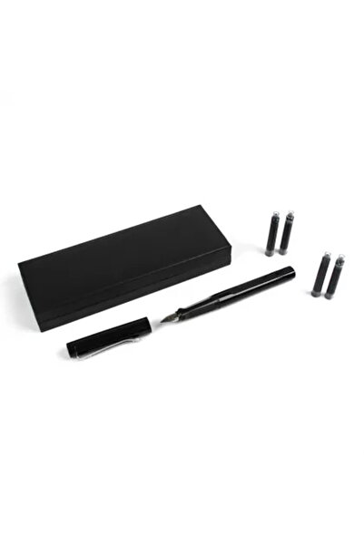 OfficeBoard Stilou metalic cu mecanism si 4 rezerve cerneala, negru cu accesorii cromate, cutie imitatie piele