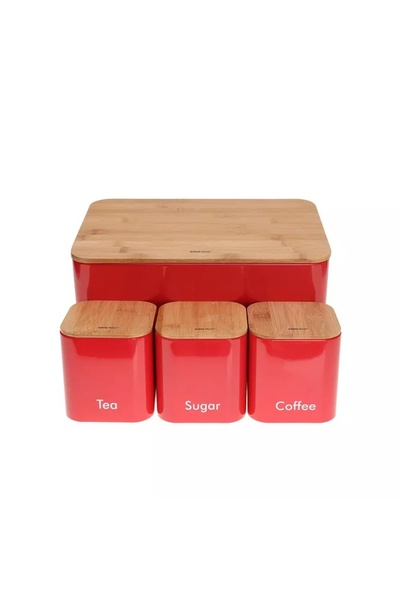 Kinghoff Red bread box set with 3 steel containers and bamboo lids KH-1085