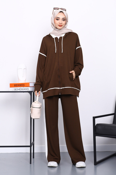 İmajButik Καφέ Σετ με κουκούλα συνδυασμός υφασμάτων Modal