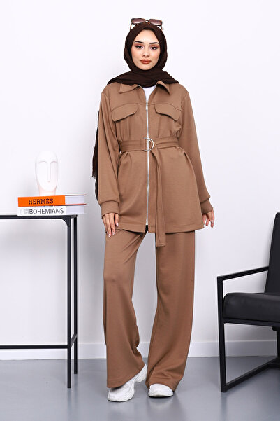 İmajButik Modal Suit with Mink Pocket and Waist Belt