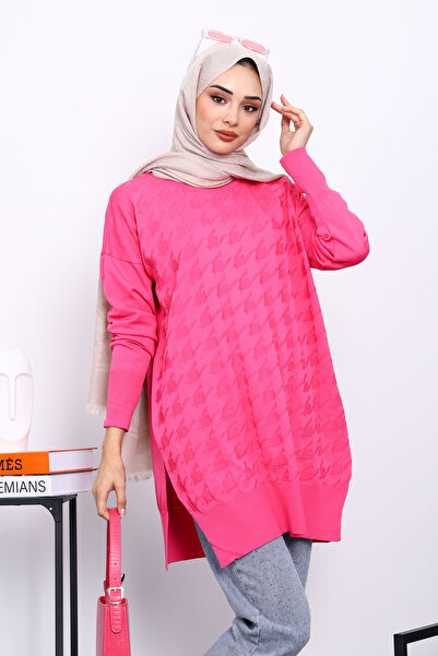 İmajButik Fuchsia Houndstooth Patterned Cold Yarn Knitwear Tunic