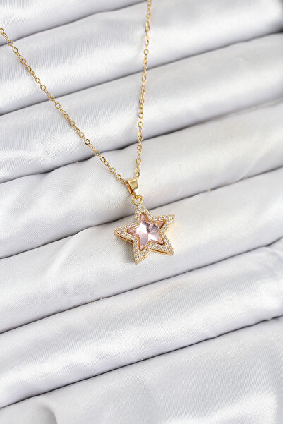Bernami Special Steel Chain Pink Stone Star Model Women's Necklace Offer!! !