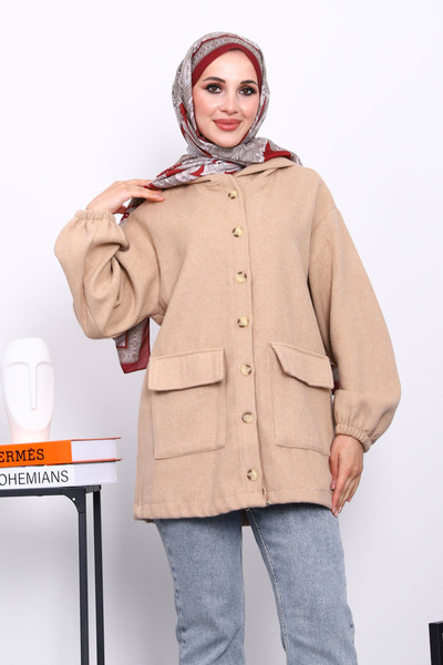 İmajButik Mink Hooded Button Thin Cashmere Jacket
